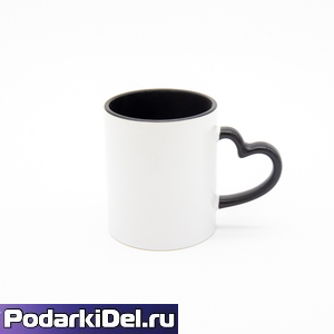 Кружка цветная внутри +  ручка сердце ЧЕРНАЯ